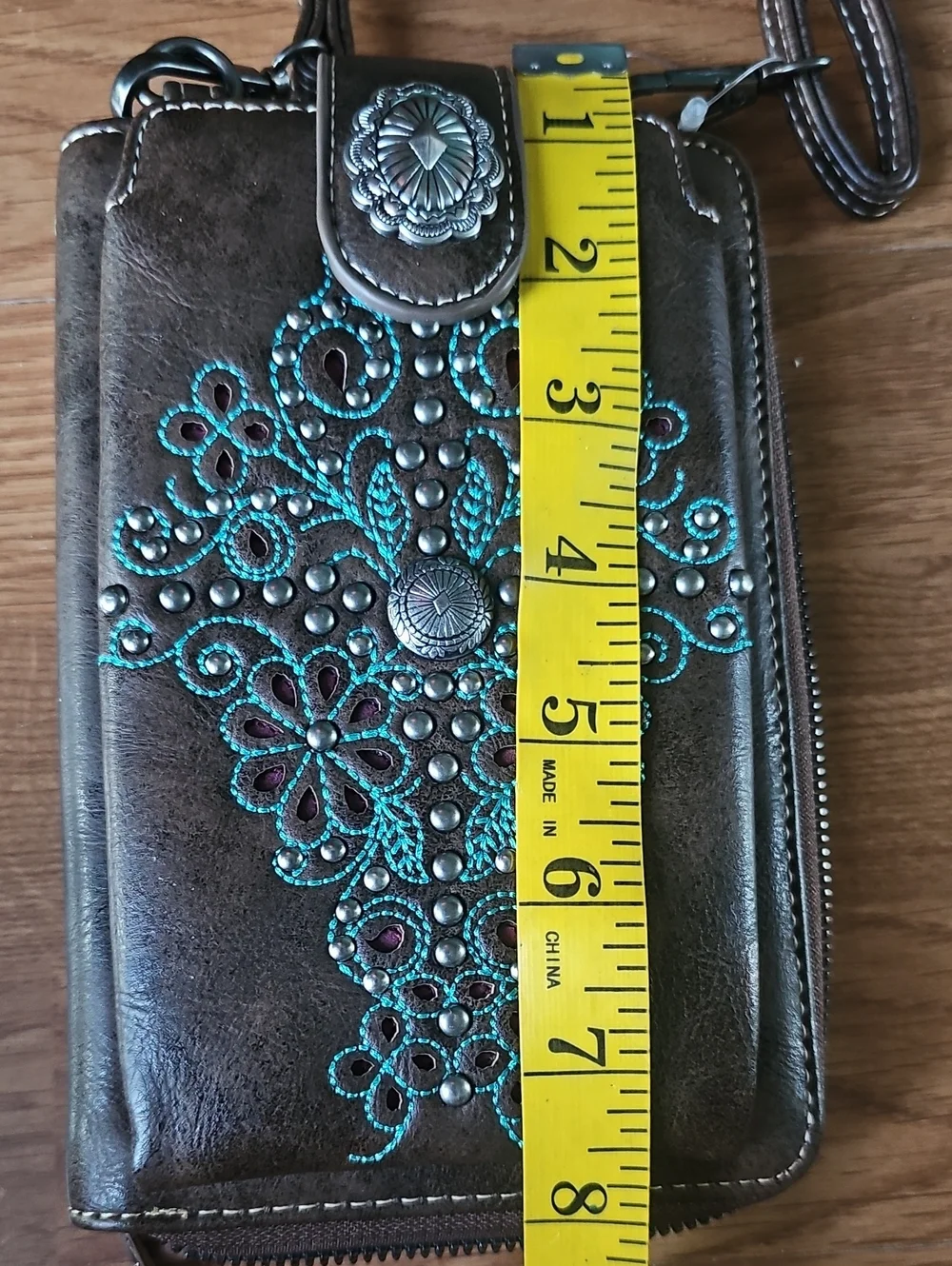 Montana West Zippered Floral Turquoise Embroidered Phone Crossbody Brown Wallet